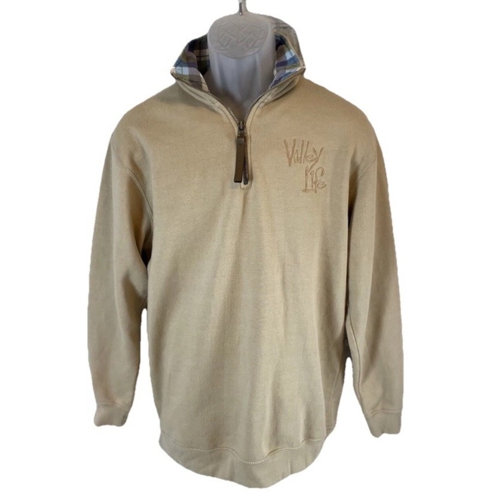 Vintage mock neck pullover men's M Isaac's Design's VALLEY LIFE Tan 1/4 Zip USA